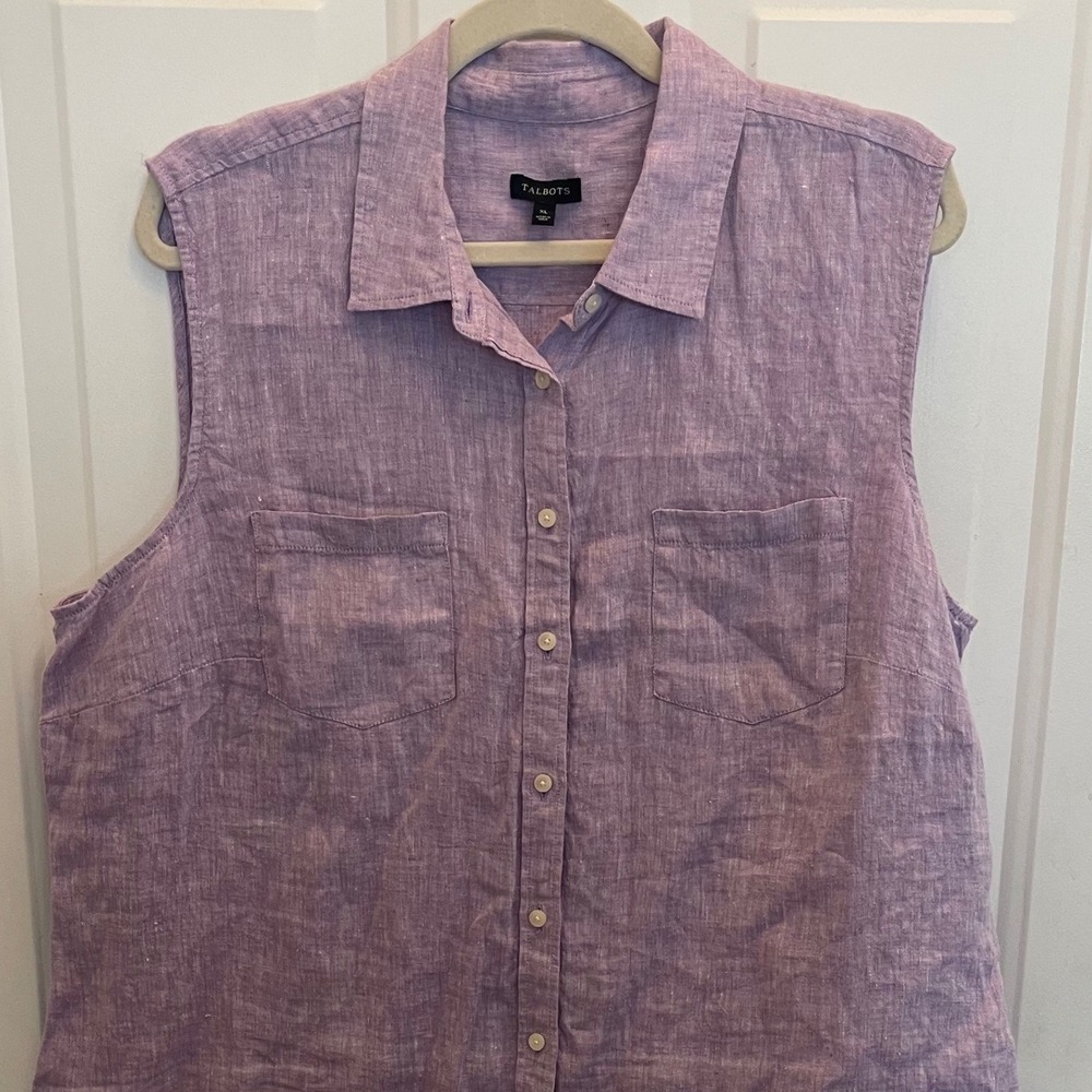 Talbots Womens XL Purple 100% Linen Button Down Shirt Pocket Top Coastal Beach